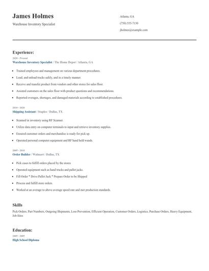 Warehouse Inventory Specialist Resume