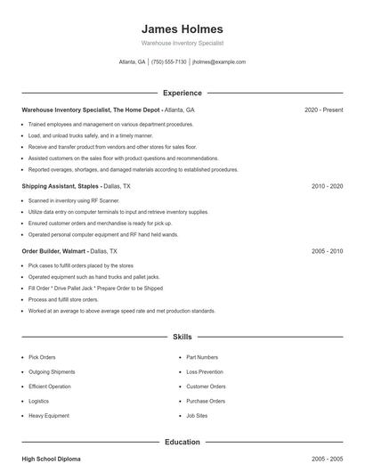 Warehouse Inventory Specialist Resume