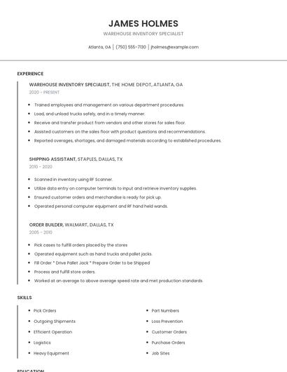 Warehouse Inventory Specialist Resume