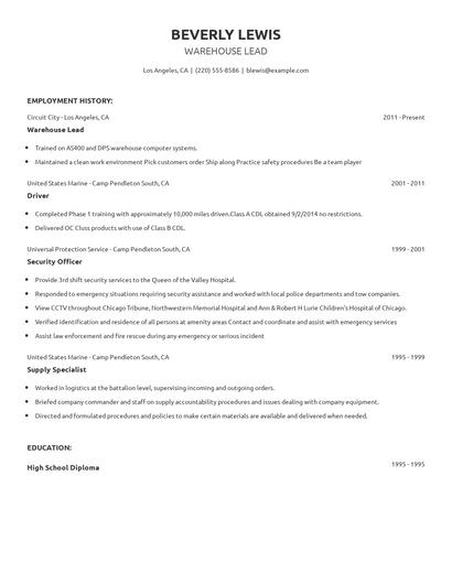 Warehouse Lead Resume