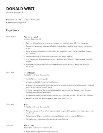 Warehouse Lead Resume