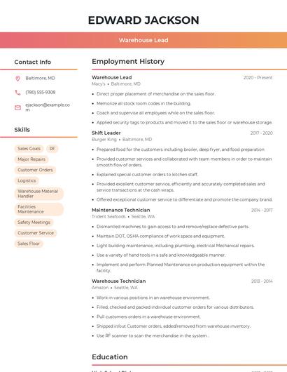 Warehouse Lead Resume