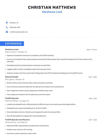 Warehouse Lead Resume
