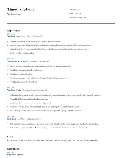 Warehouse Lead Resume