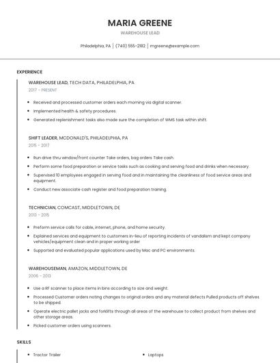 Warehouse Lead Resume