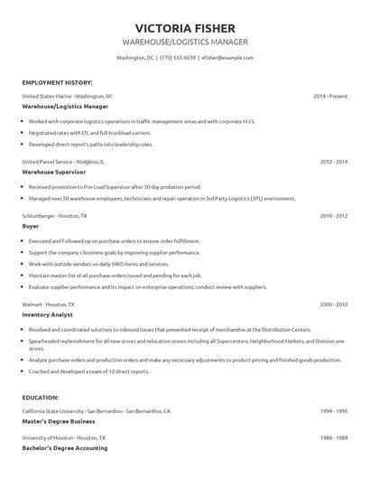 Warehouse/Logistics Manager Resume
