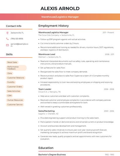 Warehouse/Logistics Manager Resume