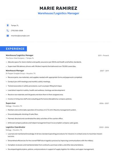 Warehouse/Logistics Manager Resume
