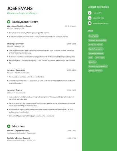 Warehouse/Logistics Manager Resume