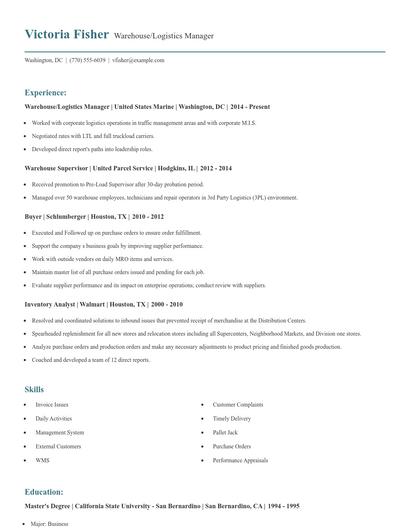 Warehouse/Logistics Manager Resume