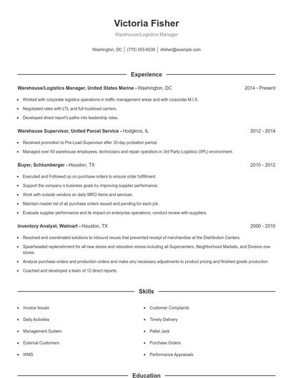 Warehouse/Logistics Manager Resume