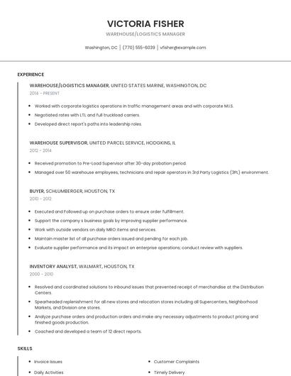 Warehouse/Logistics Manager Resume
