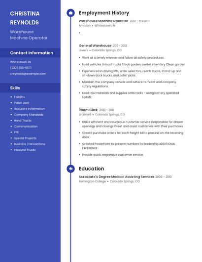 Warehouse Machine Operator Resume