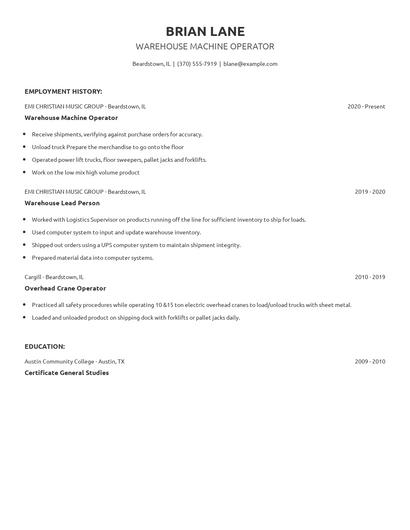 Warehouse Machine Operator Resume
