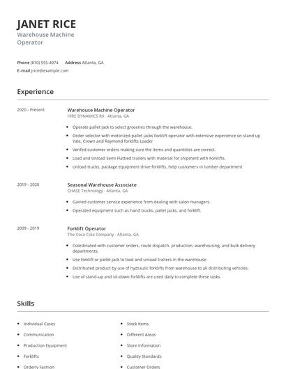 Warehouse Machine Operator Resume