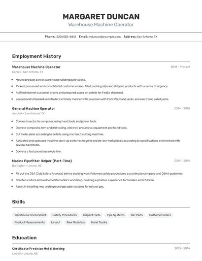 Warehouse Machine Operator Resume