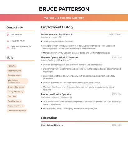 Warehouse Machine Operator Resume