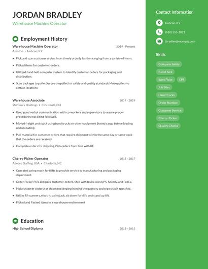 Warehouse Machine Operator Resume