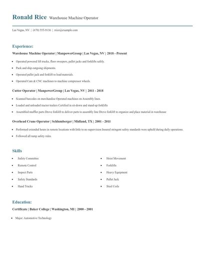 Warehouse Machine Operator Resume