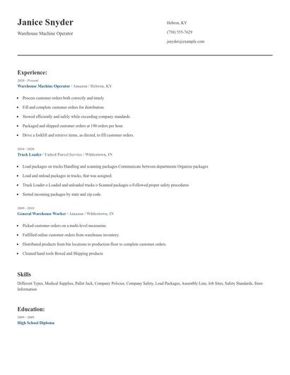 Warehouse Machine Operator Resume