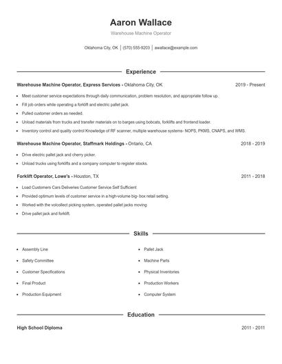 Warehouse Machine Operator Resume
