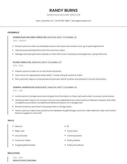 Warehouse Machine Operator Resume