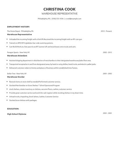 Warehouse Representative Resume
