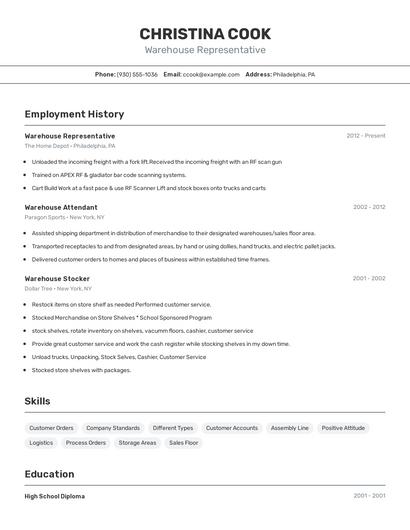Warehouse Representative Resume