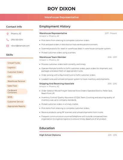 Warehouse Representative Resume
