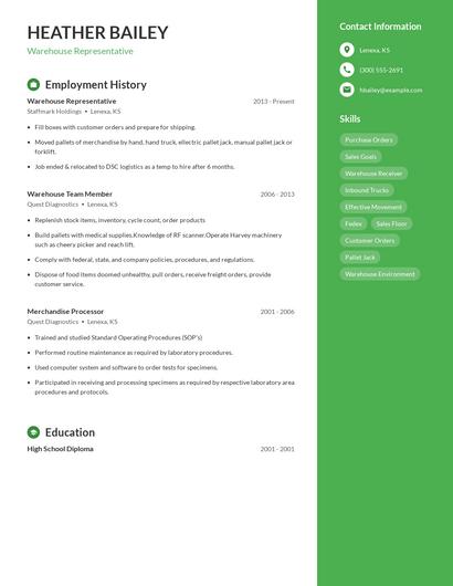 Warehouse Representative Resume