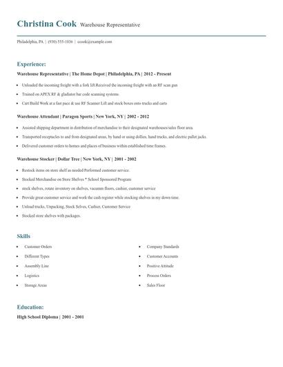 Warehouse Representative Resume