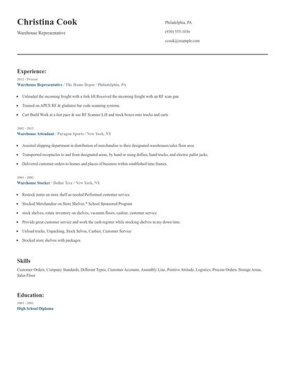 Warehouse Representative Resume
