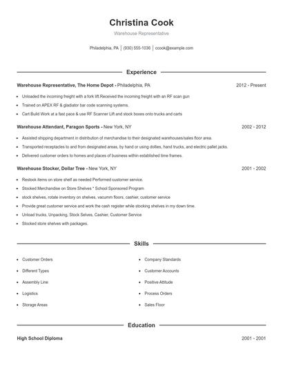 Warehouse Representative Resume