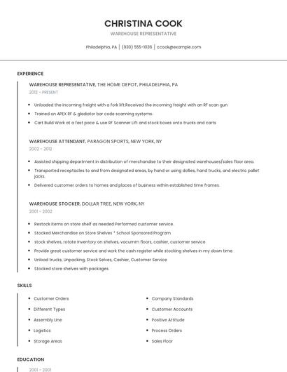 Warehouse Representative Resume