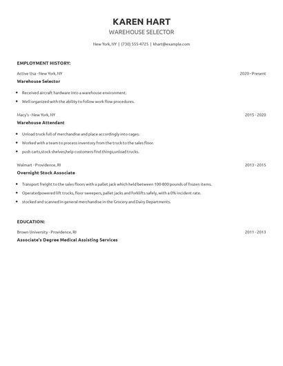 Warehouse Selector Resume