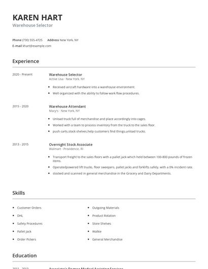Warehouse Selector Resume