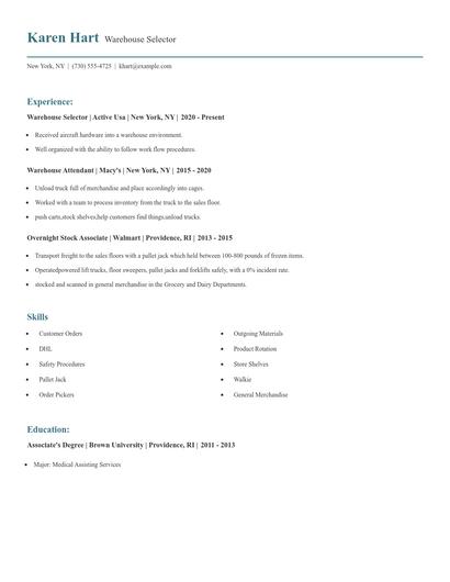Warehouse Selector Resume