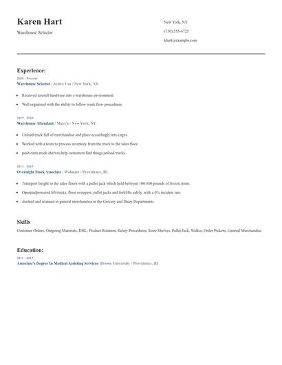 Warehouse Selector Resume