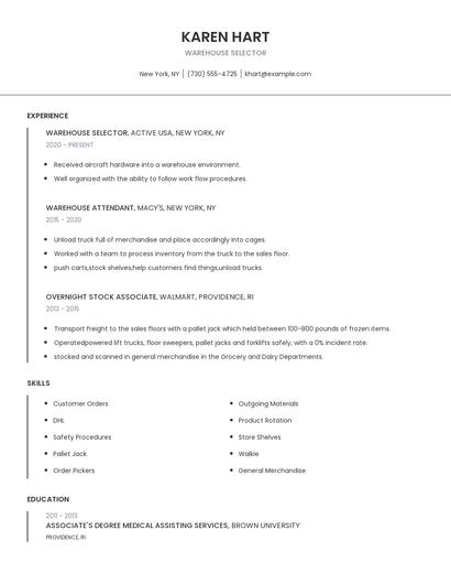 Warehouse Selector Resume