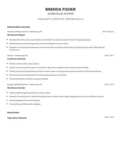 Warehouse Shipper Resume