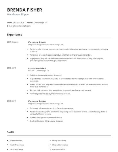 Warehouse Shipper Resume
