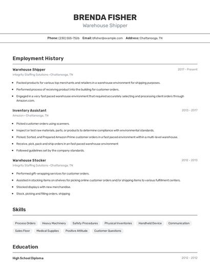 Warehouse Shipper Resume
