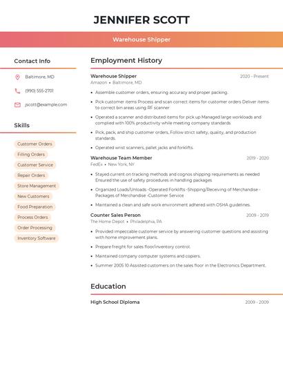 Warehouse Shipper Resume