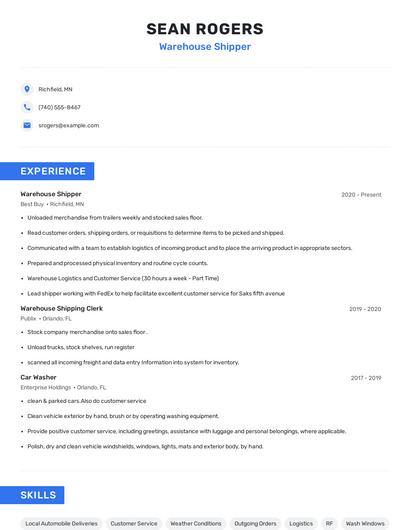Warehouse Shipper Resume