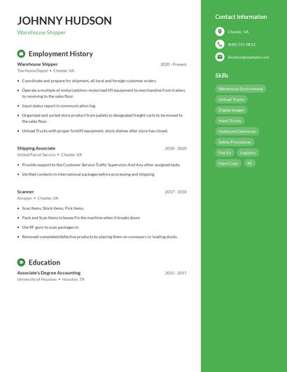 Warehouse Shipper Resume