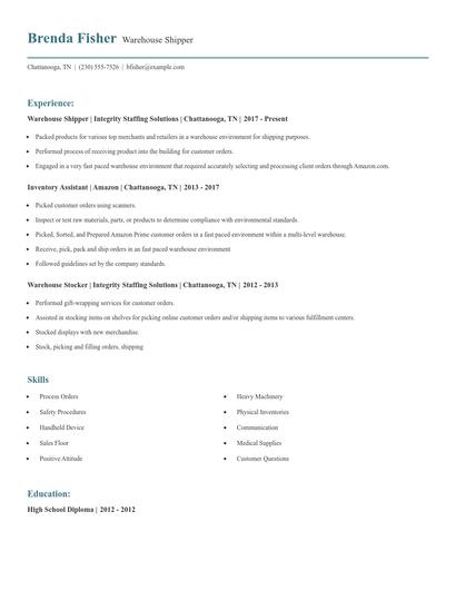 Warehouse Shipper Resume