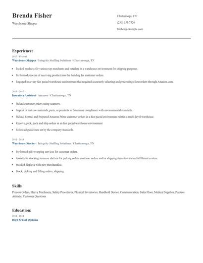 Warehouse Shipper Resume