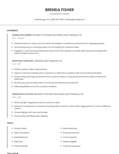 Warehouse Shipper Resume