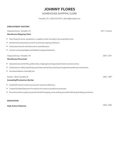 Warehouse Shipping Clerk Resume
