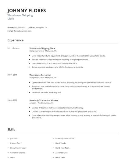 Warehouse Shipping Clerk Resume